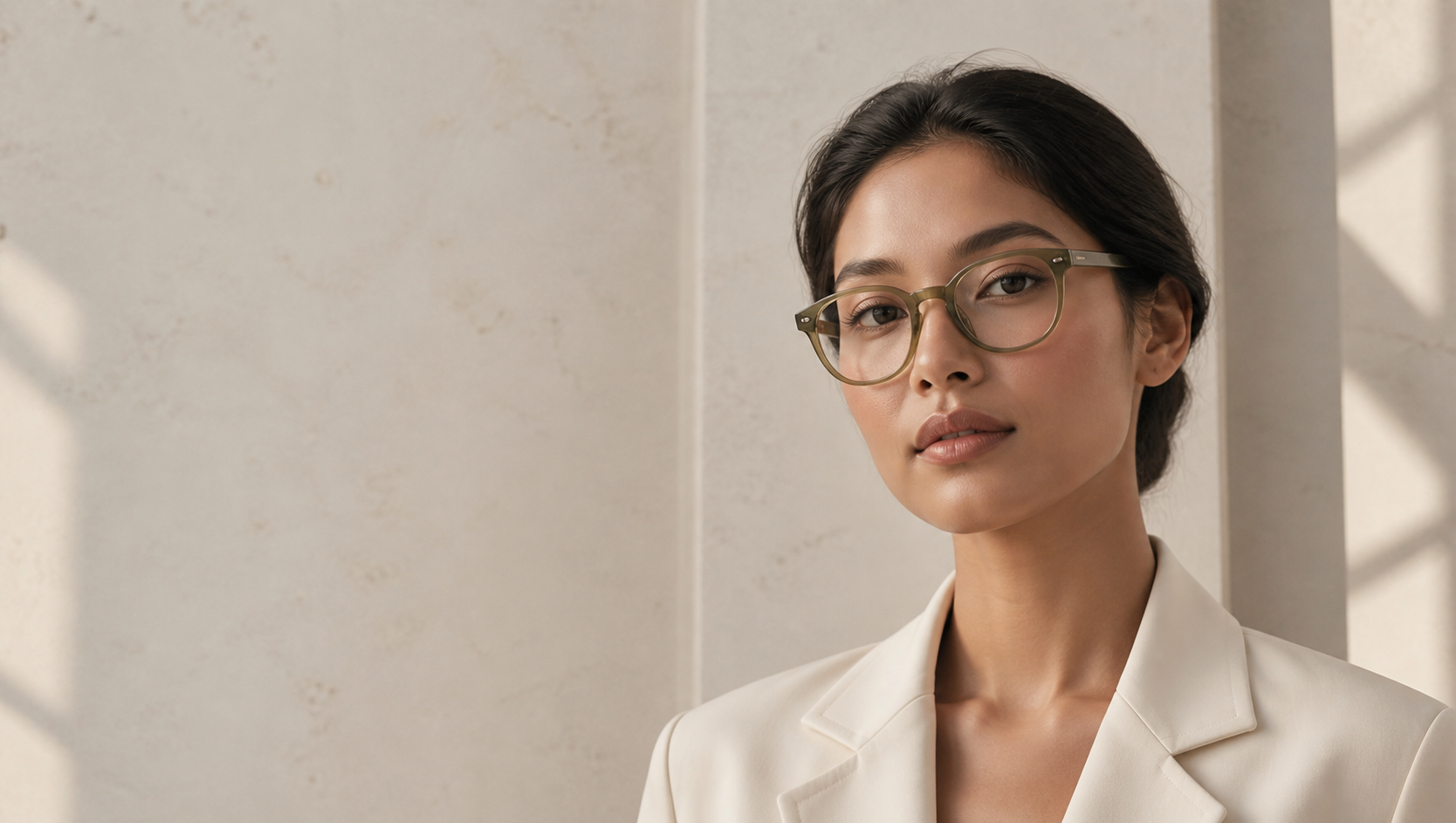 Detail of olive optical frames being worn