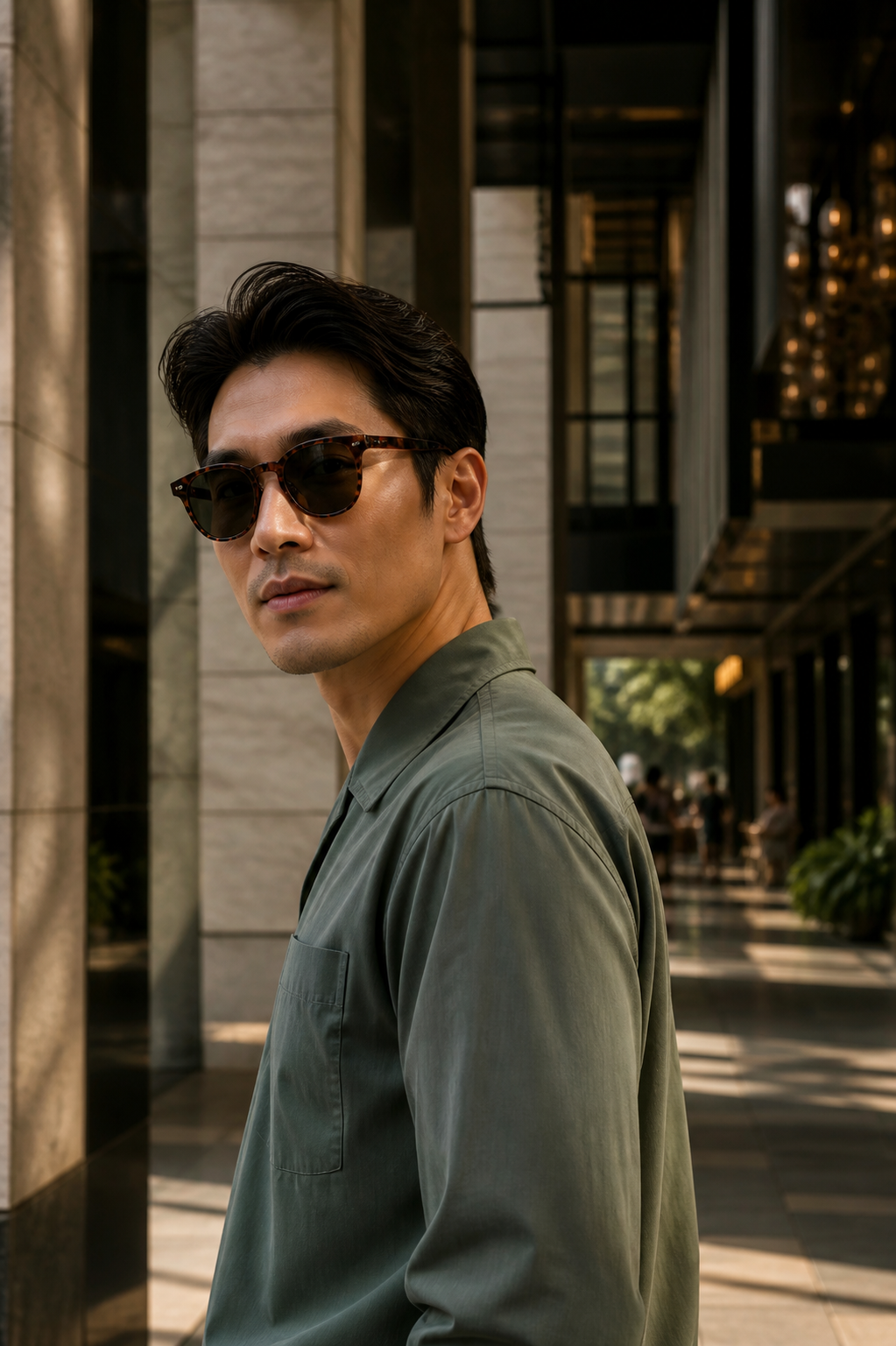 Man wearing tortoiseshell sunglasses in a contemporary urban arcade